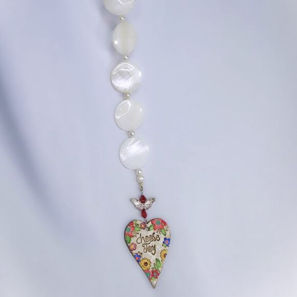 Artisan Ceramic Heart Suncatcher Choose Joy Tibetan Silver Beaded Crystals NEW - Picture 5 of 12